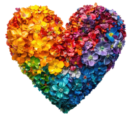 Colorful heart made of vibrant flowers on white or transparent background. Colorful love concept for greeting cards, Valentine's Day banners, posters, or romantic celebrations