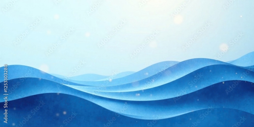 Poster serene blue undulating paper landscape with subtle light effects and glimmering particles