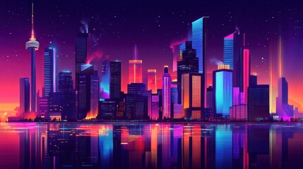 Fototapeta premium The bright city skyline is lit up in bright neon colors, reflected in the calm waters