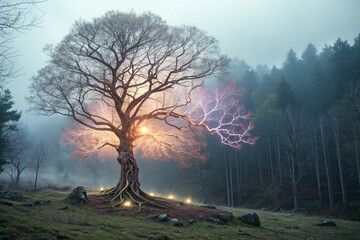 Enchanted tree, glowing branches, magical forest, misty atmosphere, ethereal light, sunset behind tree, bare winter tree