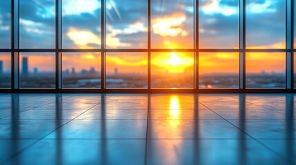 Empty office space with sunset city view through large windows