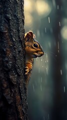 Fototapeta premium Squirrel Peeking from Tree Bark in Rainy Forest Setting
