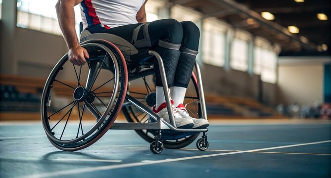 A dedicated wheelchair athlete preparing for a competition on an indoor sports track. The image highlights adaptive sports, determination, and the strength of para-athletes in professional training.