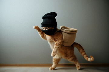 Cat burglar. A playful ginger cat dressed as a burglar with a black balaclava and a sack, ready to steal your heart. Its mischievous grin and playful posture make it a humorous and adorable subject. 