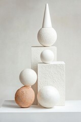 A modern still life showcases abstract geometric forms arranged artistically. Various shapes, including spheres, cones, and blocks, are presented against a subtle backdrop, emphasizing simplicity
