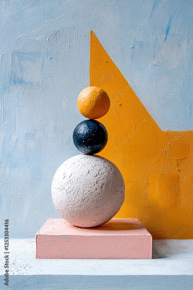Poster arranged abstract geometric shapes create a captivating visual in soft pastel tones against a textur