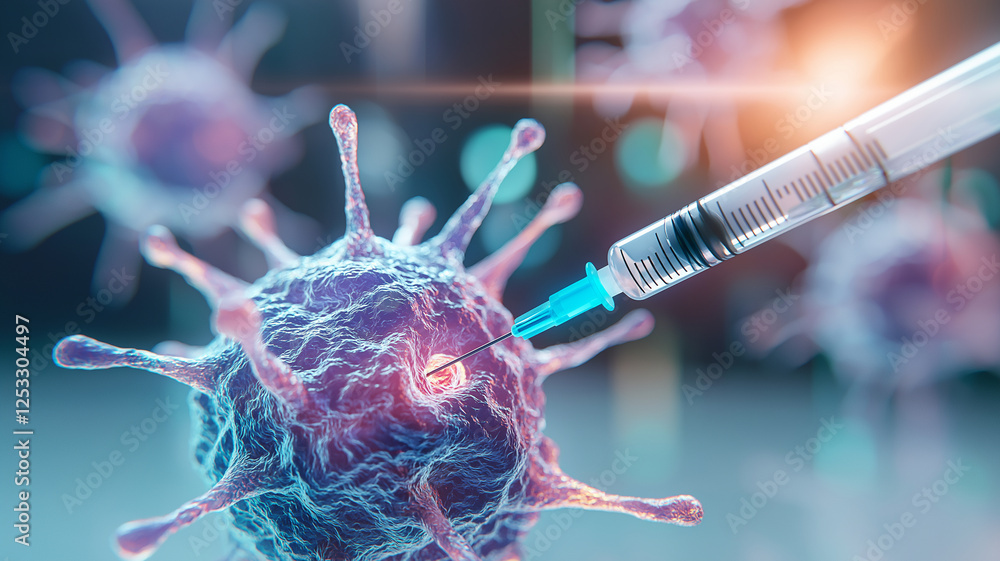 Poster syringe injecting into virus, showcasing 3d representation of cellular interaction. this highlights 