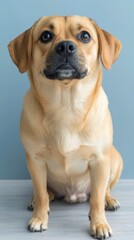 Portrait of a Brown and Beige Mixed Breed Dog Sitting Against a Gray Background