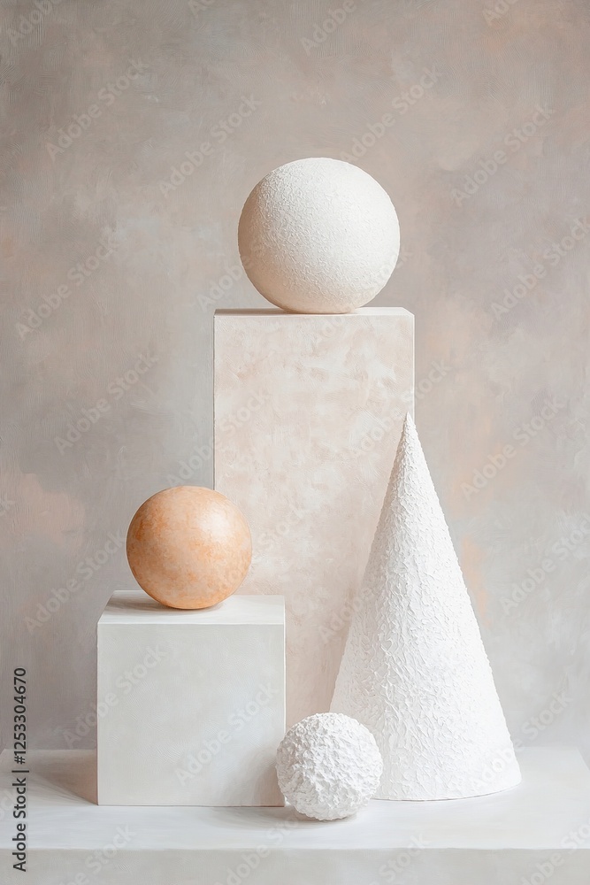 Poster a collection of abstract geometric shapes including spheres and cones arranged on minimal pedestals,
