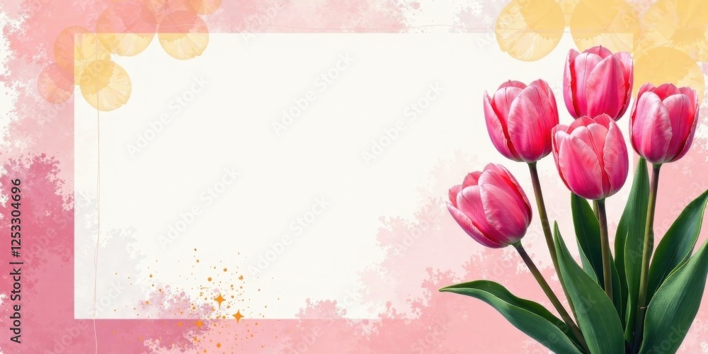 Poster a delicate bouquet of pink tulips on a soft watercolor background with a blank space for text