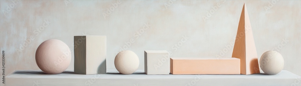 Poster this artwork showcases a minimalist arrangement of geometric shapes including spheres and angular fo