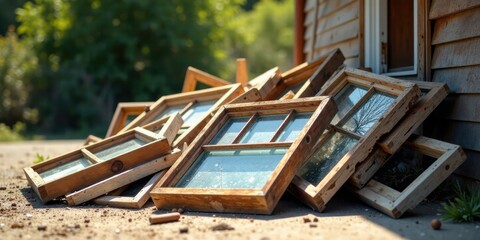 Obraz premium A pile of weathered wooden window frames rests on the ground near an aged building, bathed in sunlight