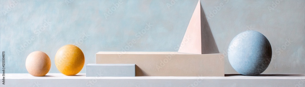 Poster abstract geometric forms in varying colors and shapes are arranged on a simple surface. the composit
