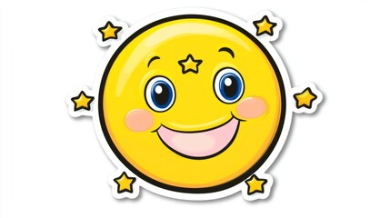 Obraz premium create a yellow Smiley emoticon juggling 5 stars on white background to be used on an acrylic cut-out table display in A6 size 