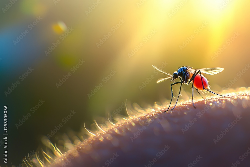 Poster close-up of a mosquito on skin with soft backlight and bokeh effect