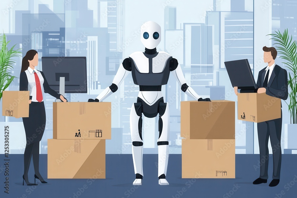 Poster people layoff because of artificial intelligence. business people holding boxes and ai robot working