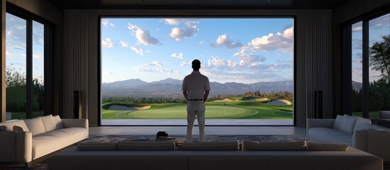 Fototapeta premium Man Watching Scenic Golf Course from Luxurious Modern Living Room