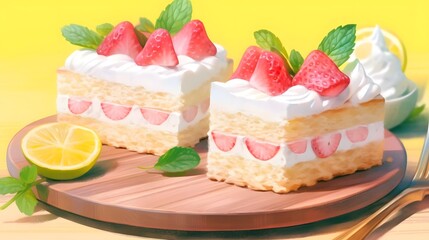 Indulgent Lemon Chiffon Cake Slice with Raspberry and Mint Garnish on Farmhouse Table