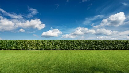 a clear sky with fluffy clouds above a well manicured green hedge and grass lawn