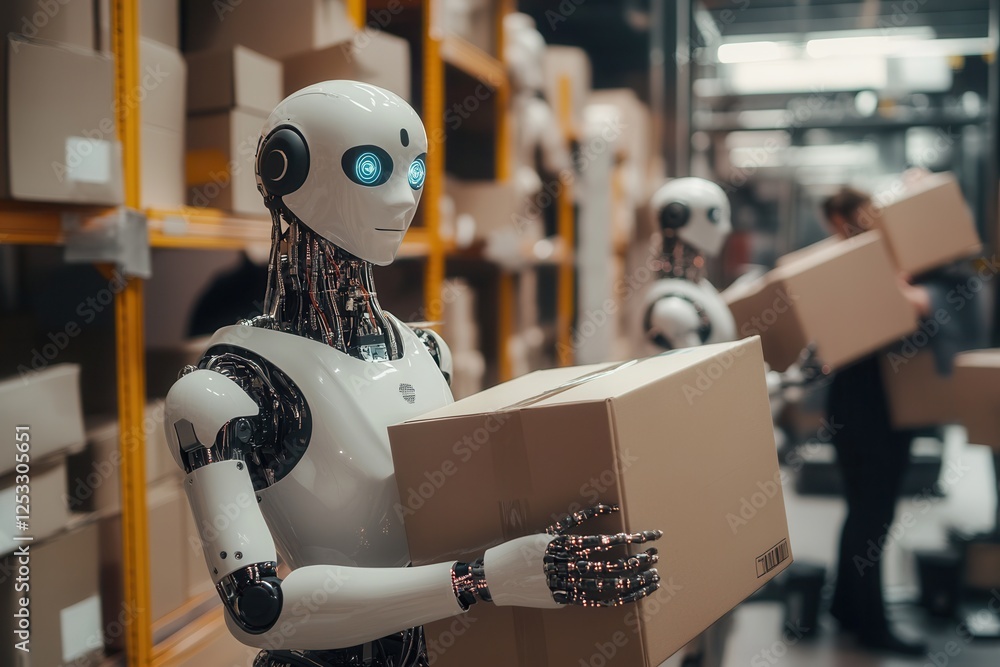 Poster people layoff because of artificial intelligence. business people holding boxes and ai robot working