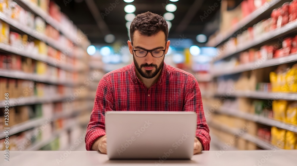 Poster shopper adding items to virtual cart on laptop for e-commerce checkout