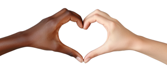 Two hands forming a heart shape on white or transparent background. Valentine's Day unity, love, and diversity