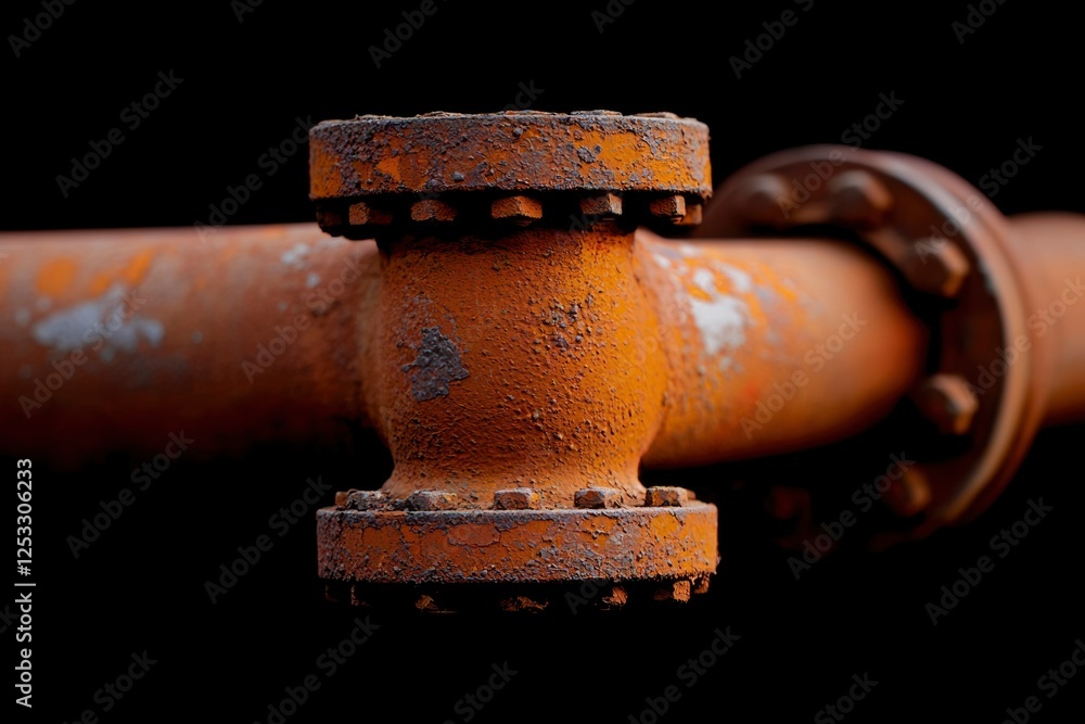 Poster rusty pipe connection close-up against black background. possible use for industrial background