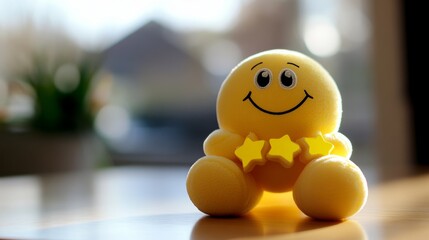 create a yellow Smiley emoticon juggling 5 stars on white background to be used on an acrylic cut-out table display in A6 size 