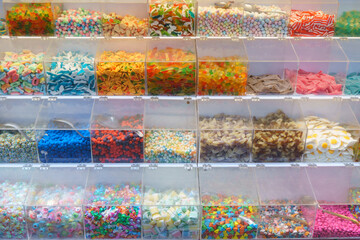 Colorful Assortment of Jelly Candies in Transparent Bins