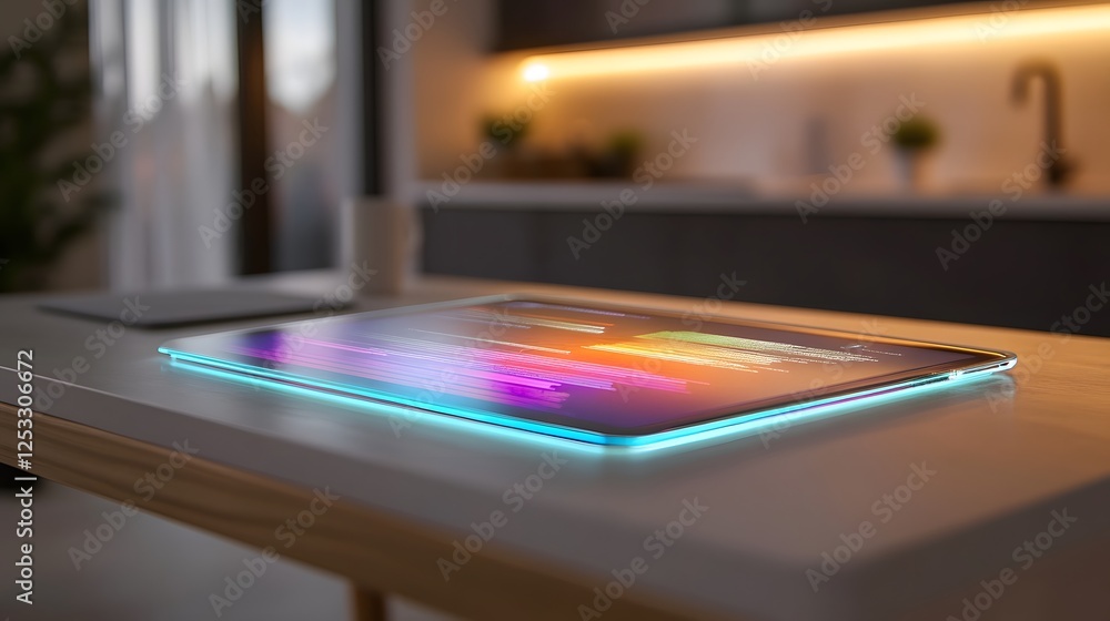Poster transparent,foldable digital screen on modern table displaying vibrant text and images