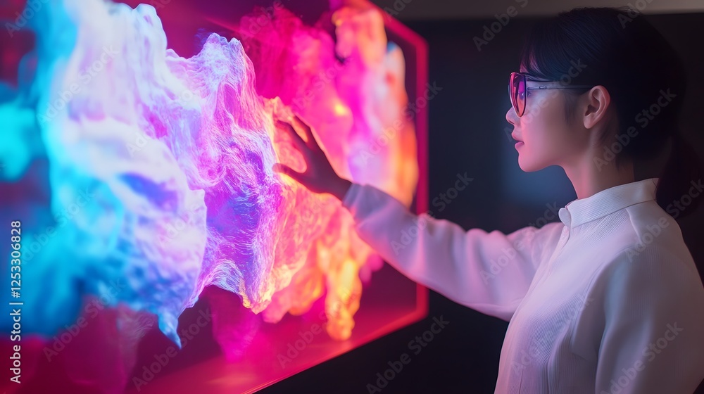 Aufkleber digital interacts with transparent foldable screen to create 3d artwork