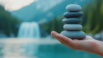 Obraz premium Tranquil Scene of a Person's Hand Resting on Stacked Pebbles Symbolizing Delicate Balance of Life with Flowing Waterfall in Background