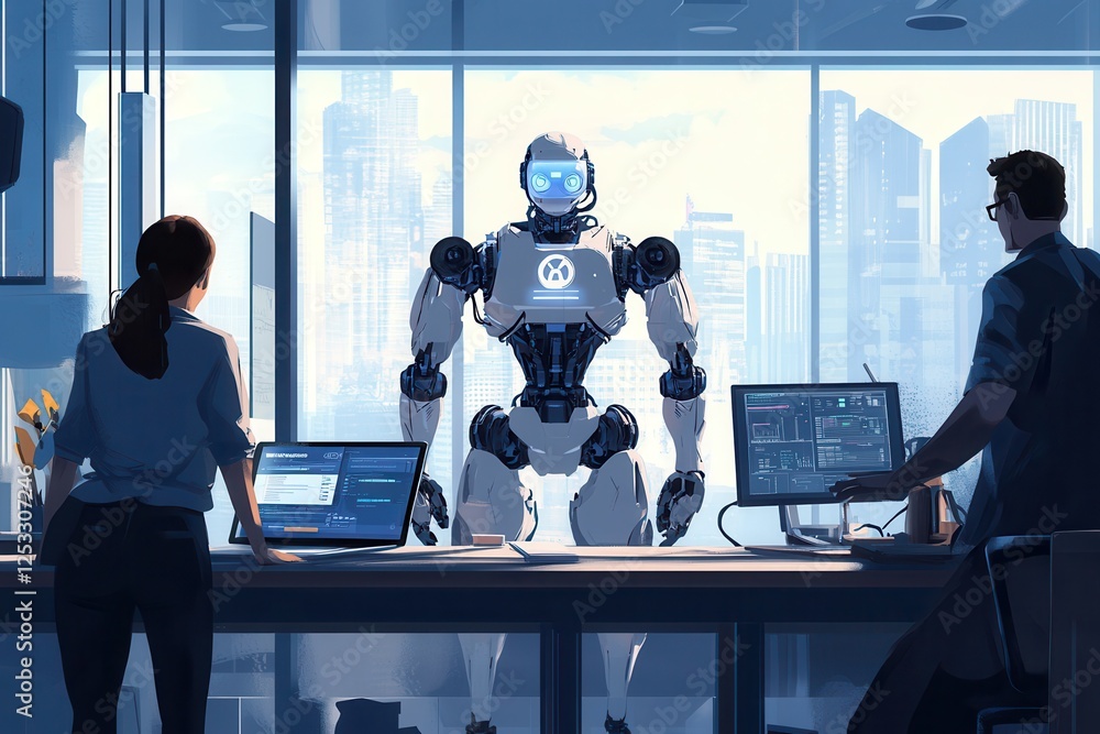 Poster people in office looking at humanoid robot while he is performing tasks and working on laptop comput