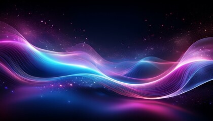 Fototapeta premium vibrant waves of glowing blue purple and pink light on a black background with sparkling stars creating a magical cosmic effect concept fantasy energy