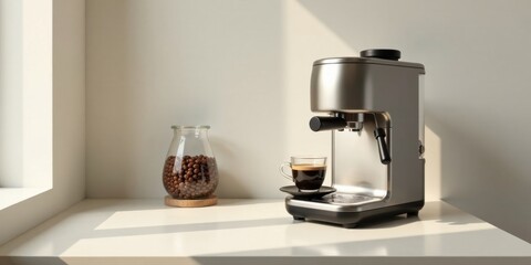 Aromatic Espresso Preparation Modern Espresso Machine with Freshly Roasted Coffee Beans and a Steaming Cup of Espresso