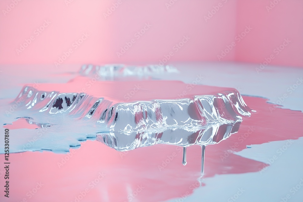 Aufkleber a pool of chrome-like liquid drips upward into a mysterious void, reflecting an unseen futuristic la