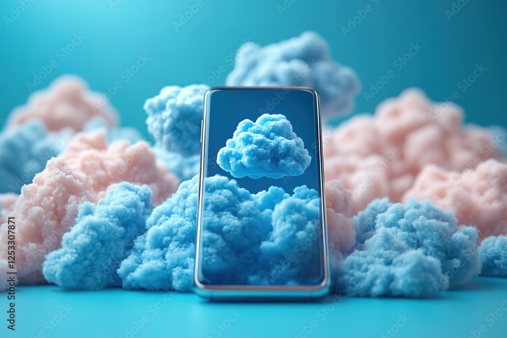 Poster cloud technology concept: phone display showing sky with clouds surrounded by soft fluffy cloud-like