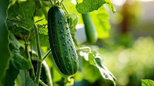 Cucumbers grown in greenhouse, Organic homesteading, Homegrown vegetables. Cucumber growing in a greenhouse. Many gherkins. Green cucumbers ripening in the sun, close-up on a green leaves background.