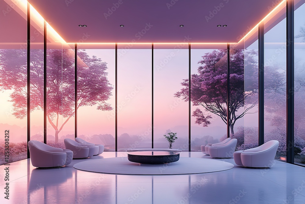 Poster serene indoor setting with nature views gentle colors create a peaceful atmosphere with minimalist f