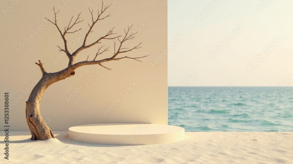 Poster serene coastal display a minimalist presentation featuring a bleached-wood tree branch artistically 