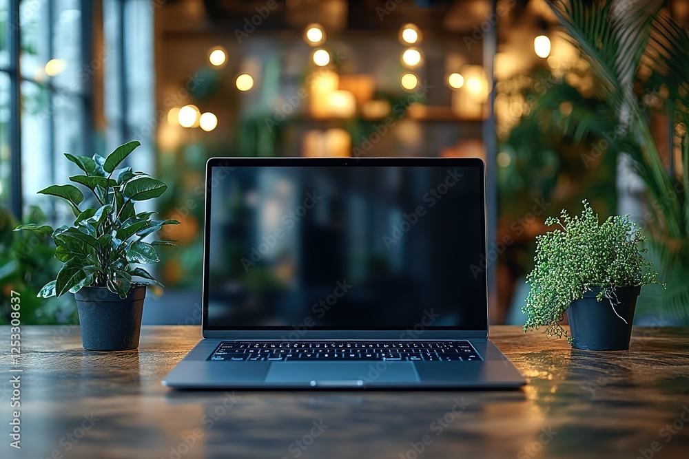 Poster laptop surrounded by plants creating a productive and green workspace perfect for focusing on tasks