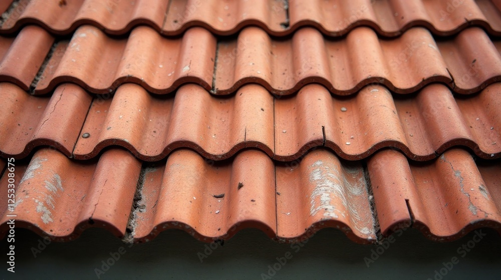 Poster close-up view of weathered terracotta roof tiles exhibiting a pattern of gentle undulations and subt