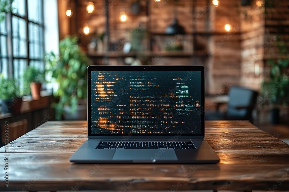 Poster laptop showing lines of code in a rustic workspace with exposed brick and ambient lighting technolog