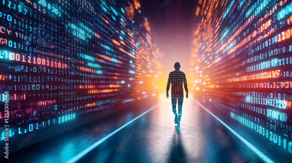 Aufkleber person walking on digital road surrounded by glowing binary code, symbolizing technology and data. v
