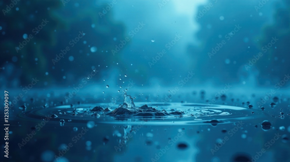 Poster a mesmerizing droplet impacting a tranquil blue surface, creating concentric ripples and airborne sp