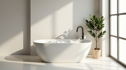 Fototapeta premium Serene Minimalist Bathroom Design Featuring a Freestanding Tub, Filled with Bath Salts, and a Lush Potted Plant Bathed in Sunlight