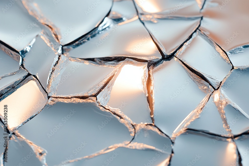 Aufkleber deep cracks mar a reflective metallic surface, creating a shattered effect. each fissure allows radi