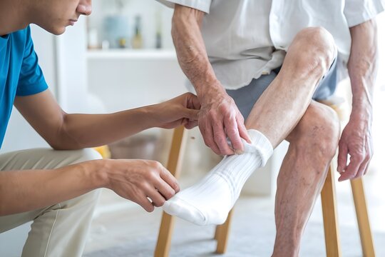 Close-up of a kind man gently helping an elderly men put on a white sock.