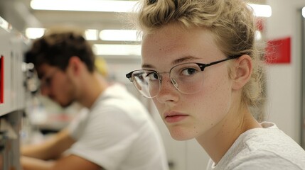 Obraz premium Young Female Student with Glasses in Classroom, Focused Expression