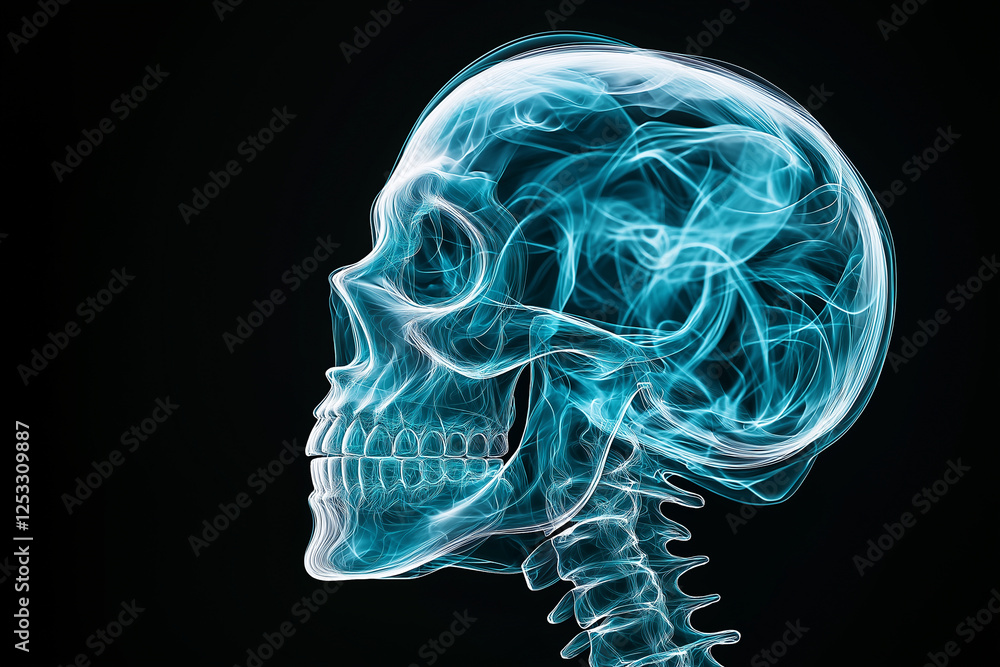 Poster photorealistic image of skull with glowing, ethereal appearance, showcasing intricate details and tr